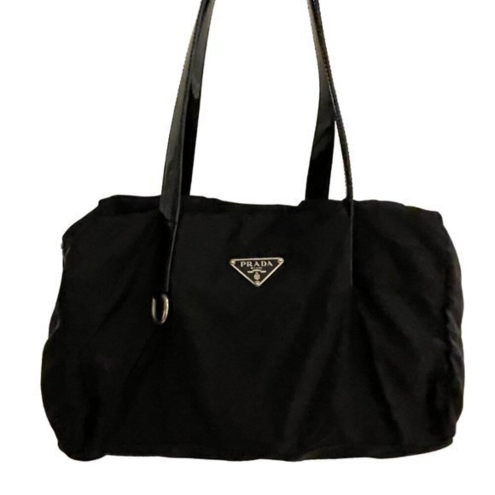 Vintage Prada Zip Satchel Tessuto in Black with Patent Leather Handles